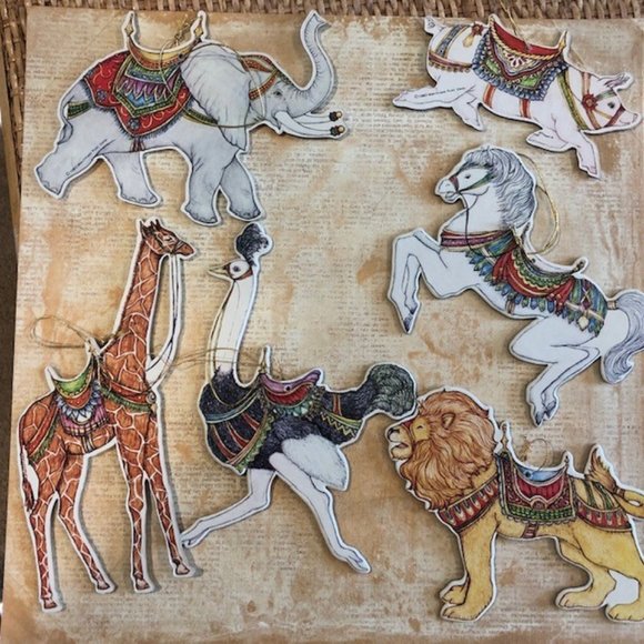 Lot Of 6 Merrimack Die Cut Cardboard Ornaments Vintage 1983 Carousel Animals - Picture 1 of 1